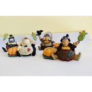 Thanksgiving Harvest Pilgrim & Native Americans Taper Candle Holder Set Of 4